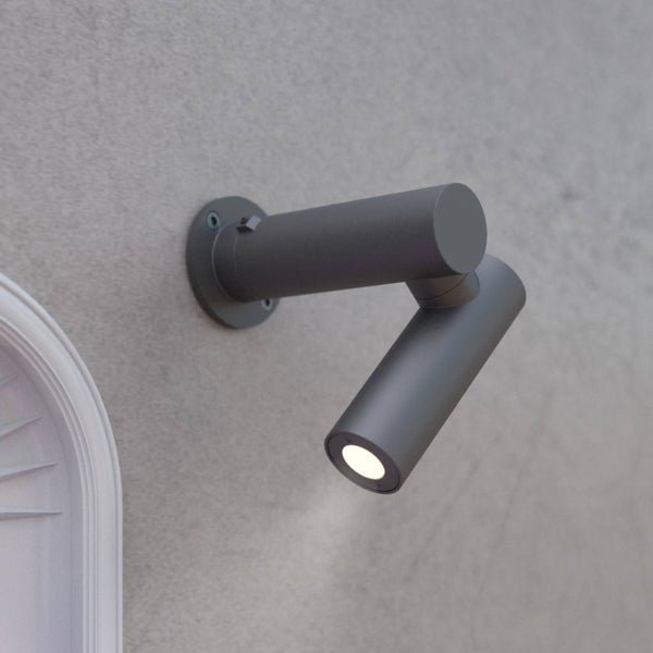 Anthrazitfarbene LED-Außenwandleuchte in Zylinderform mit einem verstellbaren Spot, montiert an einer Hauswand.