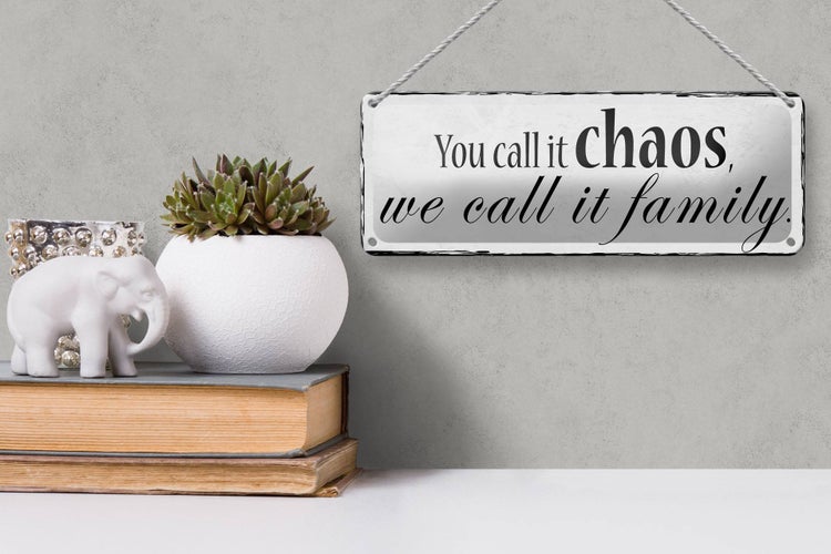 Blechschild Spruch 27x10cm you call it chaos we it family Dekoration