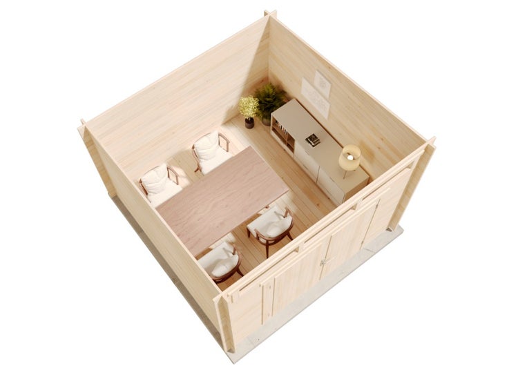 Holz-Doppelschaukel mit einem flexiblen Sitz und einem Kleinkindersitz, helles Holzgestell.