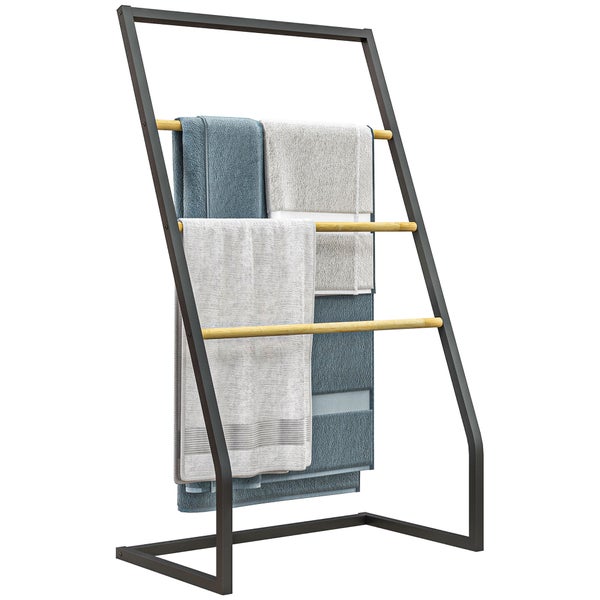 HOMCOM Handtuchhalter Stehend Handtuchständer mit 3 Handtuchstangen Handtuchleiter aus Stahl und Bambus Badetuchhalter für Badezimmer, Handtücher, Badetücher 60cm x 35cm x 102cm