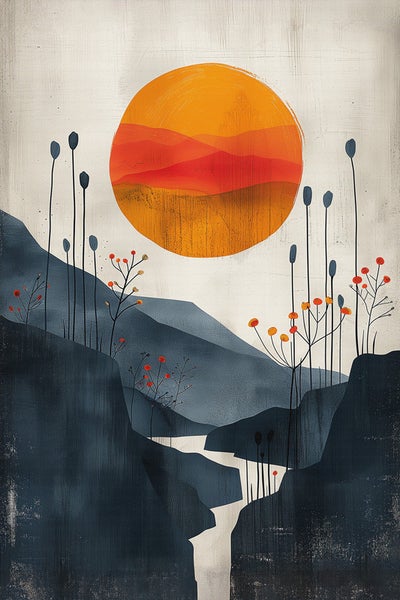 Abstrakte Kunst mit Sonne, Bergen, Pflanzen und Flusslauf