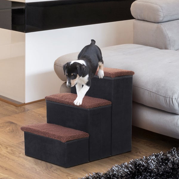 PawHut Haustiertreppe Katzentreppe Hundetreppe Faltbar 3 Stufen Tiertreppe mit Stauraum für Katzen und Hunde MDF Schwarz 40 x 54 x 48 cm