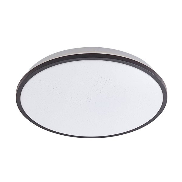 Runde LED-Deckenleuchte mit schwarzem Rahmen und weißer Abdeckung mit Sterneneffekt.