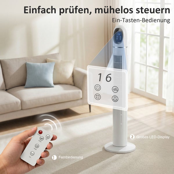 Turmventilator im hellen Wohnzimmer mit Fernbedienung und vergrößerter Ansicht des LED-Displays für Temperatur und Einstellungen.
