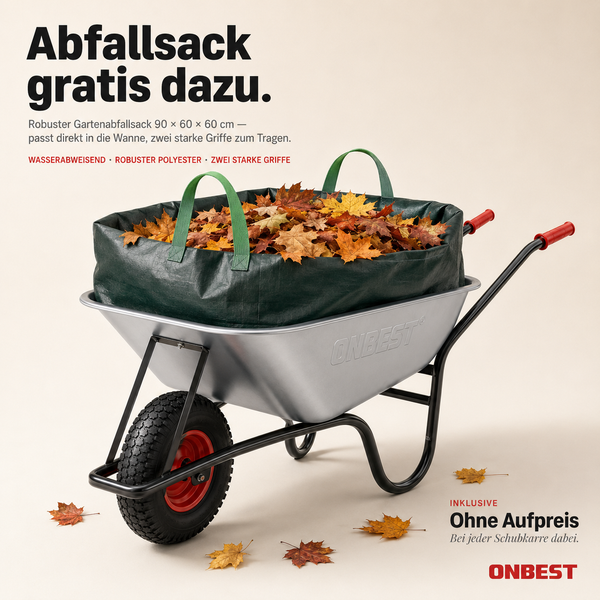 Schubkarre mit einem mit Laub gefüllten Gartenabfallsack aus Polyester, 90 mal 60 mal 60 Zentimeter, ONBEST Logo.
