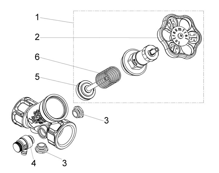 Explosionszeichnung eines Freistromventils mit nummerierten Einzelteilen wie Handrad, Oberteil, Feder und Ventilteller.
