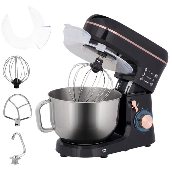 HOMCOM Küchenmaschine Teigmaschine 1400W 6+P Geschwindigkeits 5,5L Edelstahlschüssel Knetmaschine mit Teigschaber, Eiertrenner, Schlagbesen, Rührhaken, Knethaken und Spritzschutz Schwarz