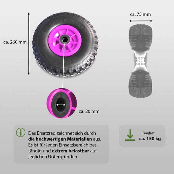 Ersatzrad mit den Maßen circa 260 mm Höhe, circa 75 mm Breite, circa 20 mm Bohrloch und einer Traglast von circa 150 kg