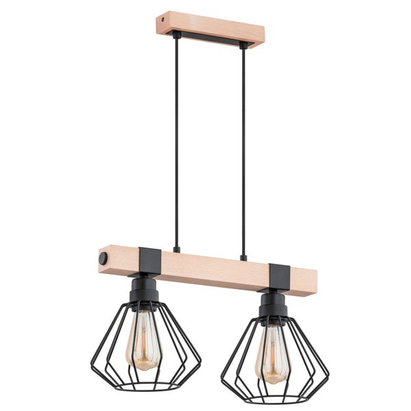 Zweiflammige Pendelleuchte aus Holz und Metall in Käfigoptik für ein modernes Wohnambiente
