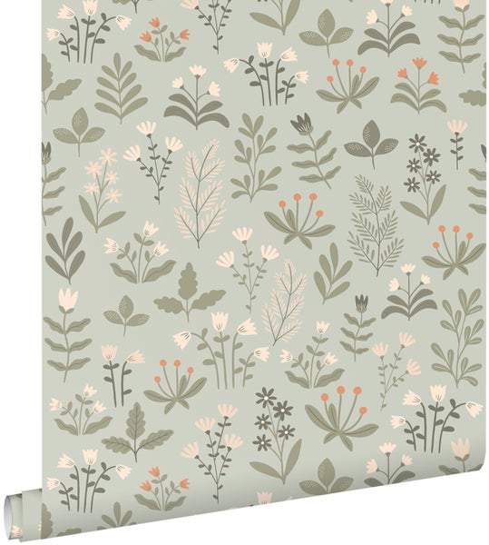 ESTAhome Tapete Feldblumen Graugrün und Beige - 50 x 900 cm - 131097