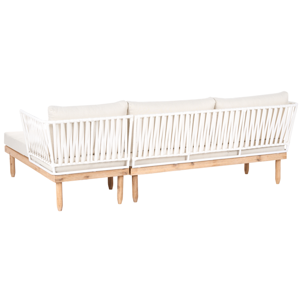 Garten-Lounge-Ecksofa, Rückansicht mit Holzgestell, weißem Kordelgeflecht und beigen Polstern.