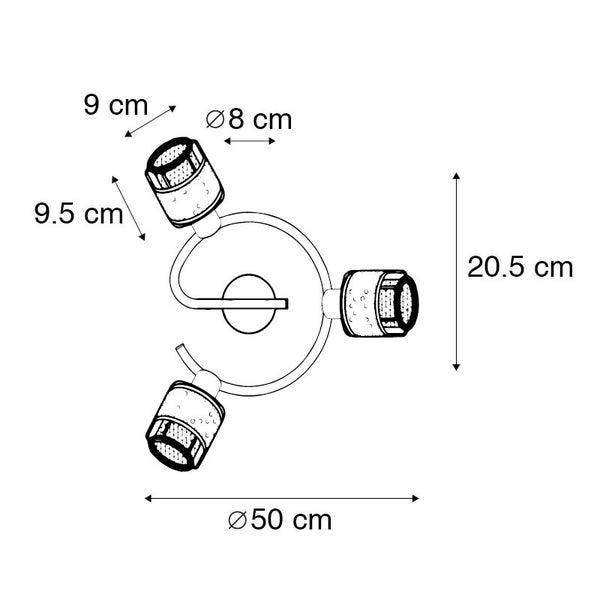 Technische Zeichnung einer Deckenleuchte mit drei Strahlern und Maßangaben