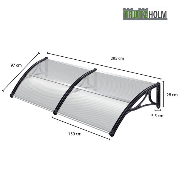 Trutzholm Vordach mit Maßangaben, Polycarbonat Haustürüberdachung für den Außenbereich.