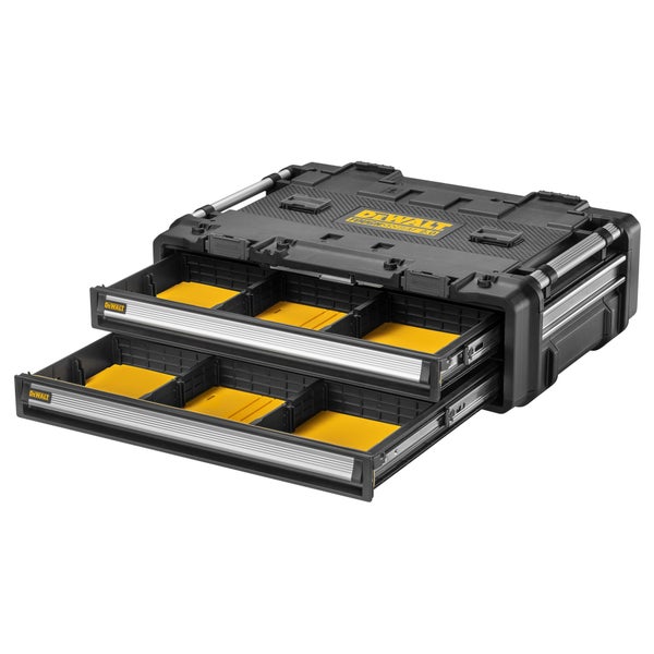 DeWalt ToughSystem 2.0 Schubladenbox mit zwei geöffneten Schubladen, praktischen Einteilungen und gelben Fächern für Werkzeuge.