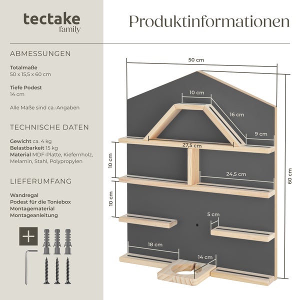 Wandregal tectake Mylittle Story 50 x 15,5 x 60 cm, unsichtbare Aufhängung für bis zu 50 Tonies anthrazit