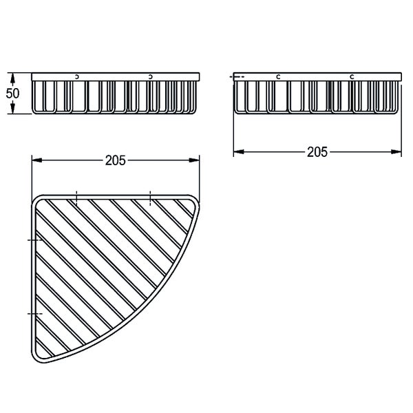 Maßzeichnung einer Eck-Duschablage mit den Maßen 205 Millimeter Breite und 50 Millimeter Höhe.