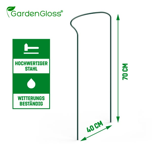 GardenGloss® Strauchstützen aus beschichtetem Stahl (5 Stück) - Staudenhalter halbrund 70cm x 40cm - Blumenstütze für Hortensien und Rosen - Pflanzenstütze aus Stahl