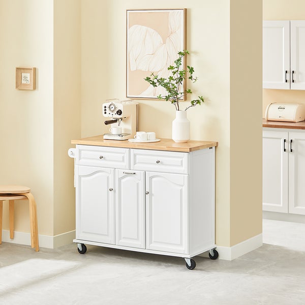 Küchenwagen mit Holzplatte, Schubladen und Schrankraum auf Rollen