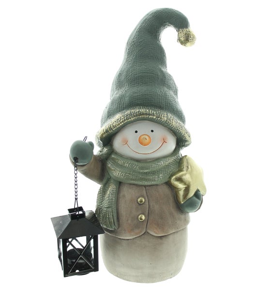 Dekorative Schneemannfigur mit Laterne und Stern für die Weihnachtszeit