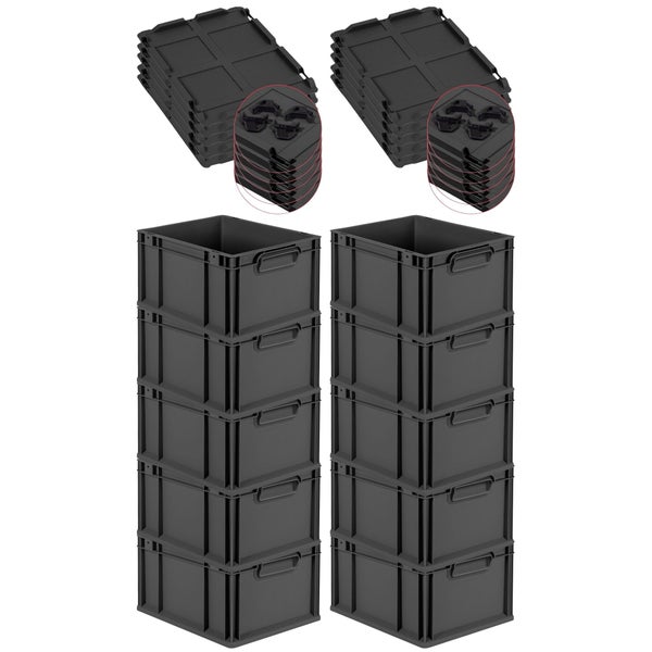 PROREGAL SparSet 10x Eurobox NextGen Color mit Auflagedeckel und Schiebeschnappverschlüsse, HxBxT 22x30x40cm, 20 Liter, Schwarz, Griffe schwarz geschlossen, Eurobehälter, Transportbox, Transportbehälter, Stapelbehälter