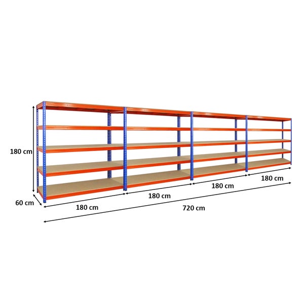 PROREGAL Mega Deal 4x Profi Schwerlastregal Bison HxBxT 200 x 200 x 60 cm 5 Fachböden Fachlast 600 kg Blau-Orange