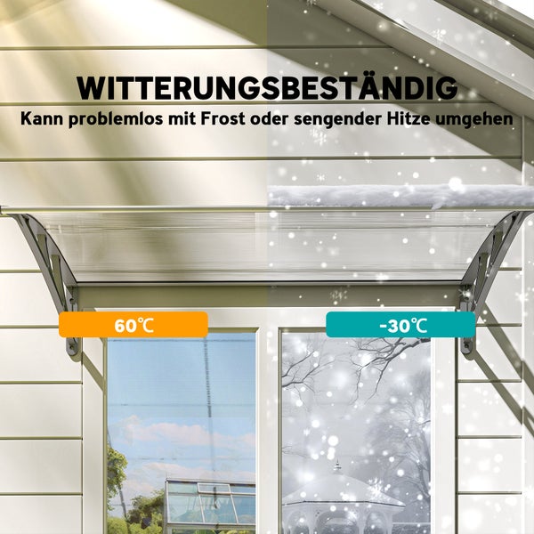 Vordach für Haustüren, witterungsbeständig bei Temperaturen von minus 30 bis plus 60 Grad Celsius, schützt vor Hitze und Frost.