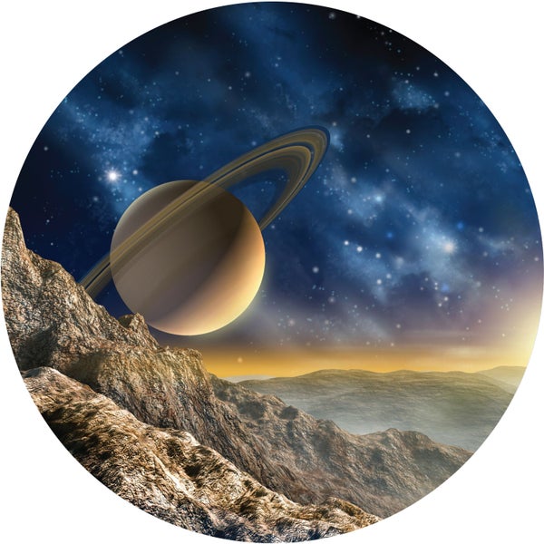 Illustration des Planeten Saturn mit Ringen über felsiger Landschaft