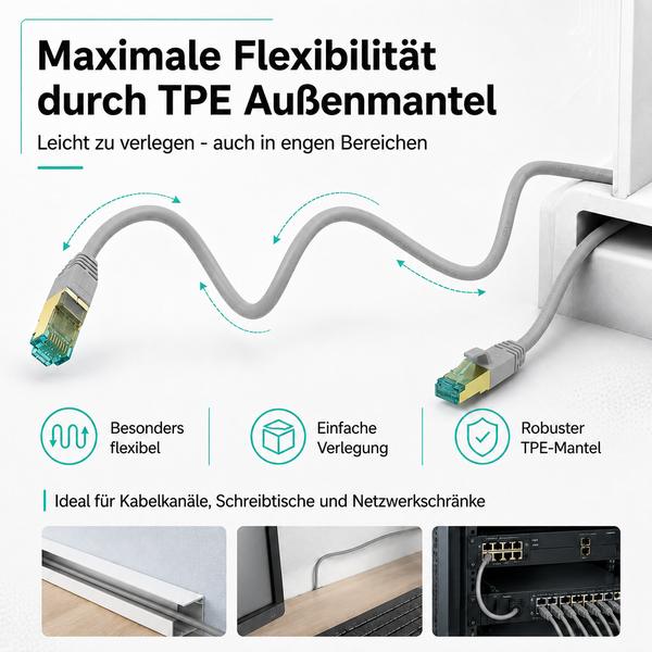 Flexibles Netzwerkkabel mit RJ45-Steckern und robustem TPE-Mantel. Besonders biegsam für Kabelkanäle, Schreibtische und Netzwerkschränke.