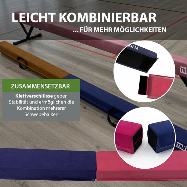 Mehrfarbige Schwebebalken für Gymnastik mit Klettverschlüssen zum einfachen Kombinieren einzelner Segmente.