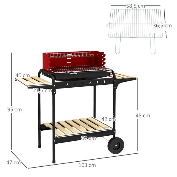 Outsunny Holzkohlegrill aus Metall BBQ Smoker mit Räder, höheverstellbar Grillrost, Holzablage, fahrbar Grillwagen Holzkohle Grill, Kohlegrill für Barbeque Camping, Terrasse, 103x47x95 cm