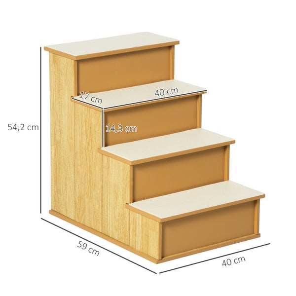 Tiertreppe aus Holz mit vier Stufen inklusive Maßangaben: Höhe 54,2 Zentimeter, Länge 59 Zentimeter und Breite 40 Zentimeter.
