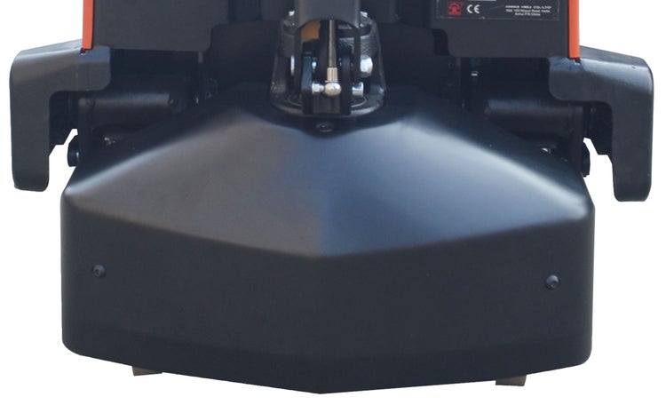 Detailansicht eines schwarzen Gabelhubwagens.