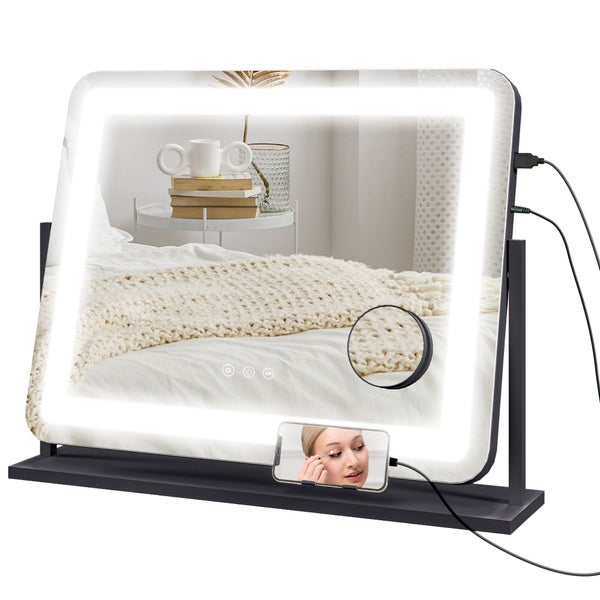 HOMCOM Schminkspiegel mit Beleuchtung, LED Kosmetikspiegel mit 3 Lichtfarben, Tischspiegel mit 10X Vergrößerung, Handy-Halter, USB-Ladeanschluss, 360° Drehbar, Schwarz