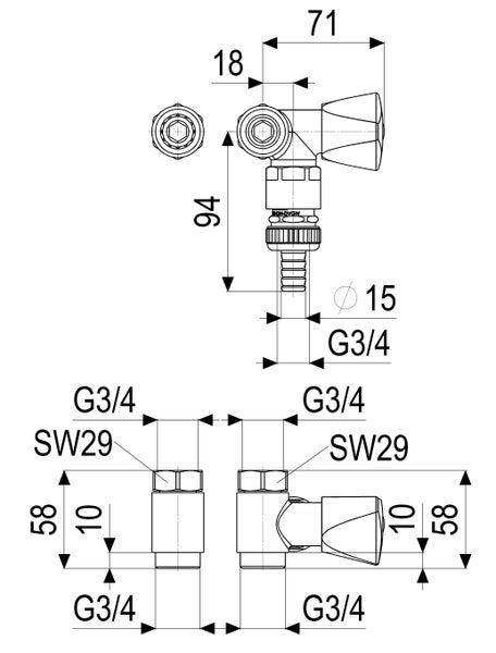 Maßzeichnung eines Geräteventils mit Abmessungen in Millimetern und G 3/4 Zoll Gewinde.