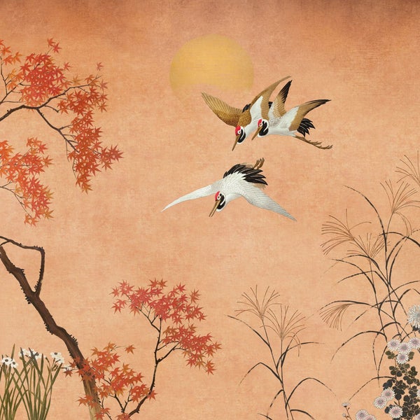 Illustration mit Kranichen, Bäumen und Pflanzen im japanischen Stil