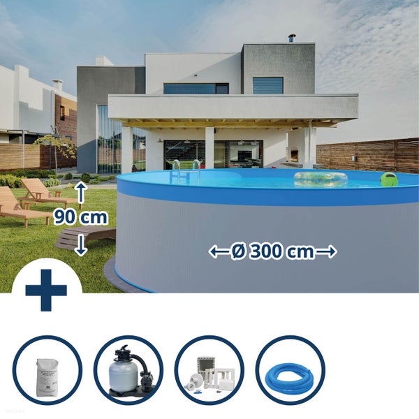 Aufstellpool mit Zubehör im Garten mit Durchmesser 300 cm und 90 cm Höhe