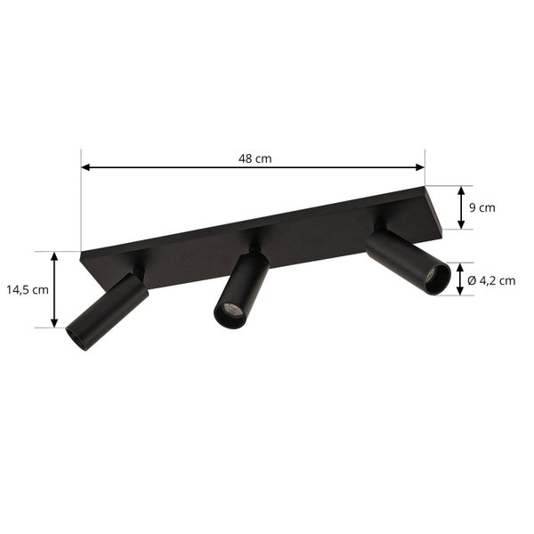 Deckenleuchte mit drei Strahlern und Maßangaben