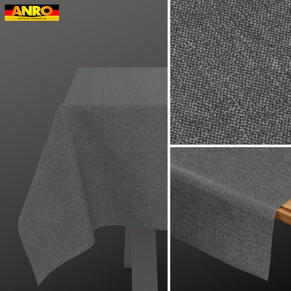 ANRO Logo. Gewebte Tischdecke mit feiner Textur, dargestellt über eine Tischkante fallend sowie in Nahaufnahmen der Gewebestruktur.