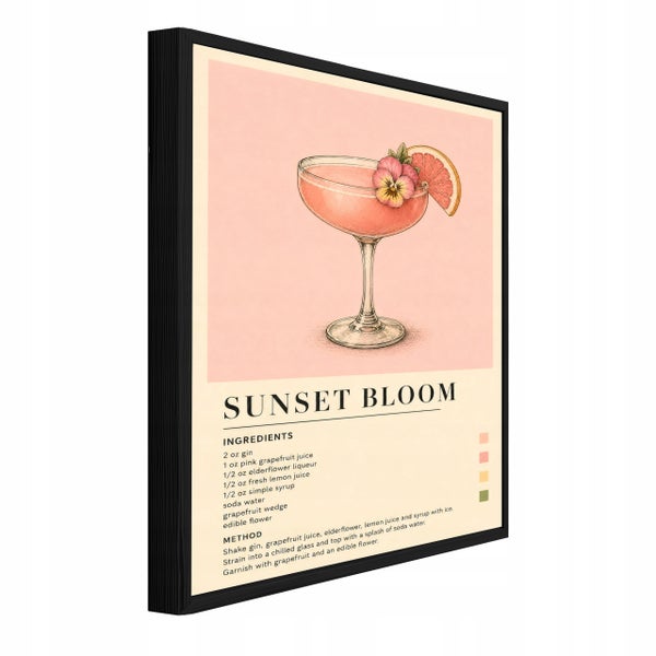 Wandbild mit Cocktail Sunset Bloom Rezept Illustration im schwarzen Rahmen in perspektivischer Ansicht
