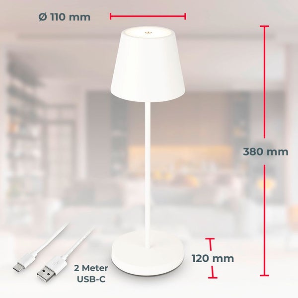 LED Akku-Tischleuchte Outdoor dimmbar - 38x12cm - Außen-Tischlampe Terrasse Garten 1-flammig IP54 2,6W 240lm Touchdimmer inkl Akku USB Ladekabel 2700K warmweißes Licht | weiß