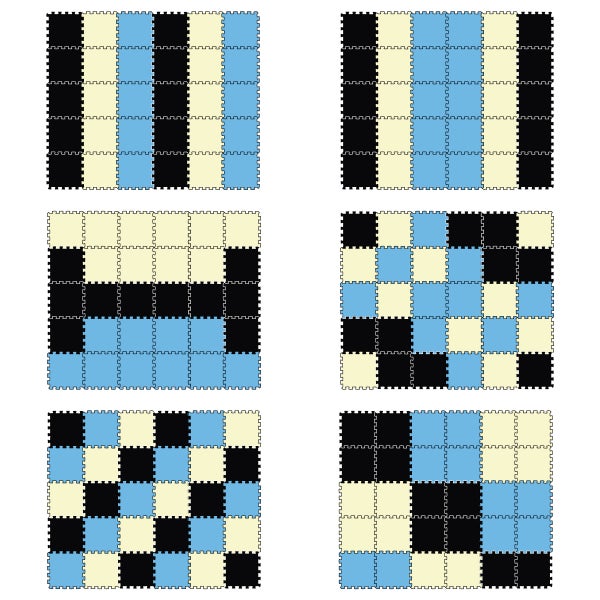 Verschiedene Verlegemuster für Schaumstoff Spielmatten Puzzlematten in Quadraten angeordnet.