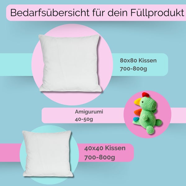 Bedarfsübersicht für Füllmaterial: Kissen 80 mal 80 Zentimeter 700 bis 800 Gramm, Kissen 40 mal 40 Zentimeter 700 bis 800 Gramm, Amigurumi 40 bis 50 Gramm.