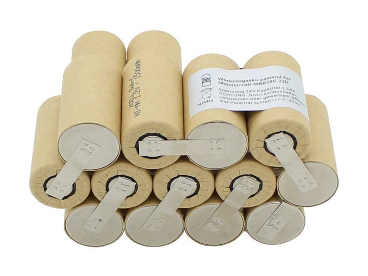 Werkzeugakku passend für Meistercraft MBR180-22D, 18 Volt, 1,5 Amperestunden, NiMH-Zellen mit Metallverbindern.