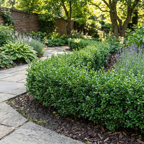 Niedrige Buchsbaumhecke an einem Steinplattenweg in einem hellen, gepflegten Garten mit Lavendel und Bäumen.