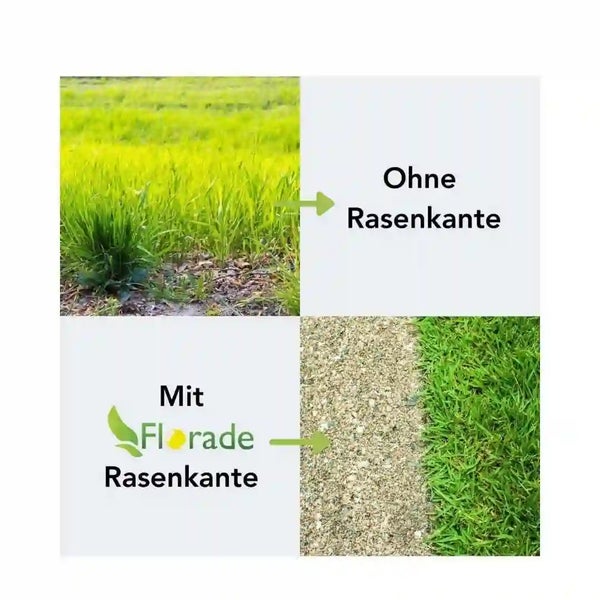 Vergleichsbild Rasenkante mit und ohne Florade Rasenkantenbegrenzung zur optischen Gartengestaltung und Rasenpflege.