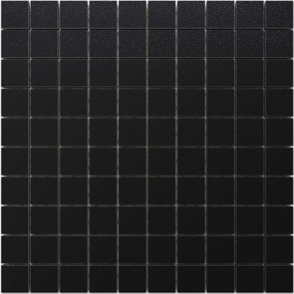 Mosaikfliese in Schwarz mit strukturierter Oberfläche in quadratischer Form.
