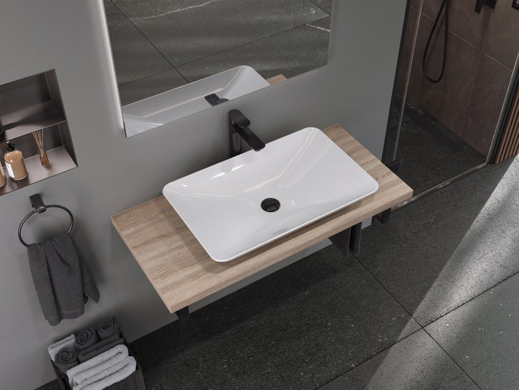 Aqua Bagno Leon Aufsatzwaschbecken KB.LEON.001 – 60 x 37,7 cm – Weiß Hochglanz – Keramikbecken ohne Hahnloch & Überlauf