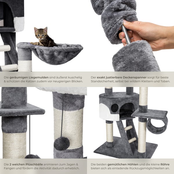 Detailansichten eines grauen Katzenkratzbaums mit Liegemulden, Höhlen und Sisalstämmen