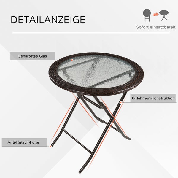 Outsunny Gartentisch, Runder Klapptisch, Ø68 cm Campingtisch, Beistelltisch, Garten-Esstisch mit Rattandekor, für Balkon, Terrasse, Stahl, Braun