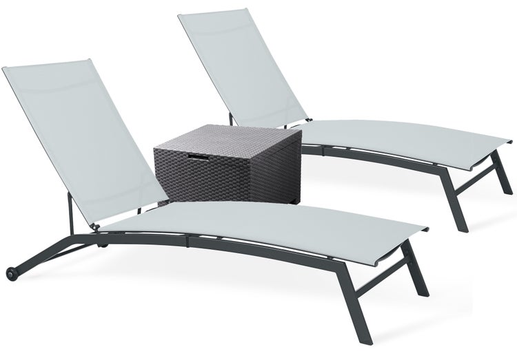 Ondis24 Sonnenliegen 2er Set mit passendem Beistelltisch Kissenbox